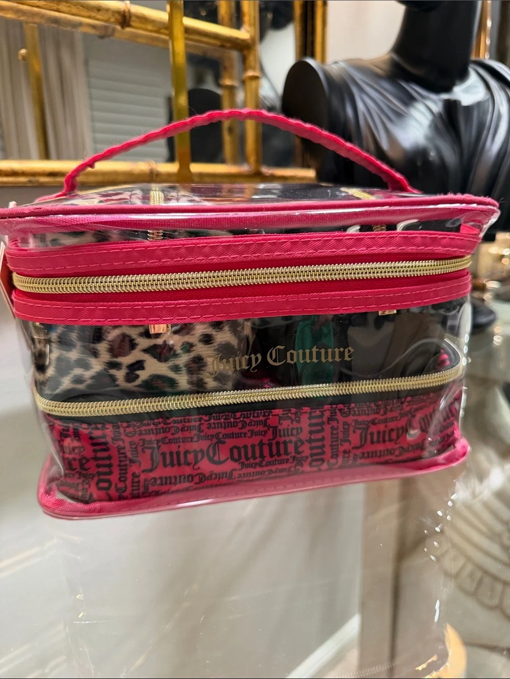 Juicy Couture Clear Cosmetic Case with Hot Pink Trim and Gold Accents
